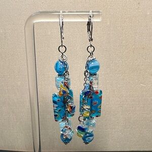 Millefiori Glass, Shades of Blue and Silver Chain Wire Wrap Dangle Earrings